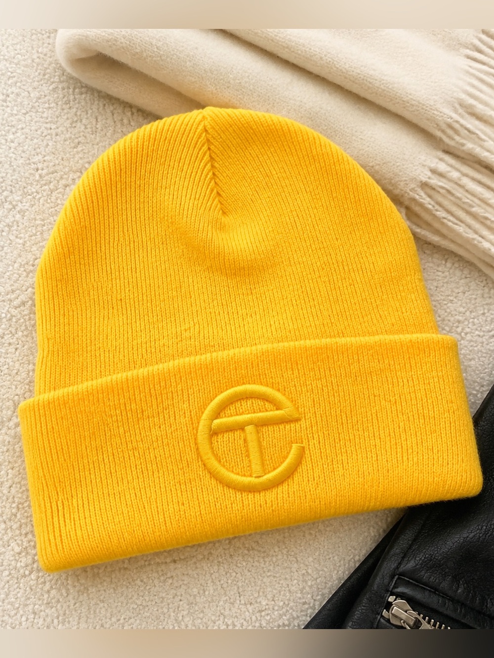 NEW Telfar Bright Yellow Embroidered Cuff Beanie HAT WITH TAGS STRETCH